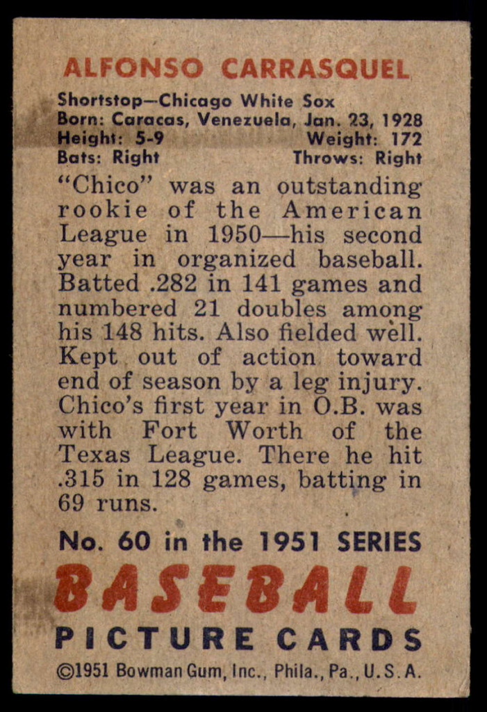 1951 Bowman #60 Chico Carrasquel Excellent+ RC Rookie  ID: 209858