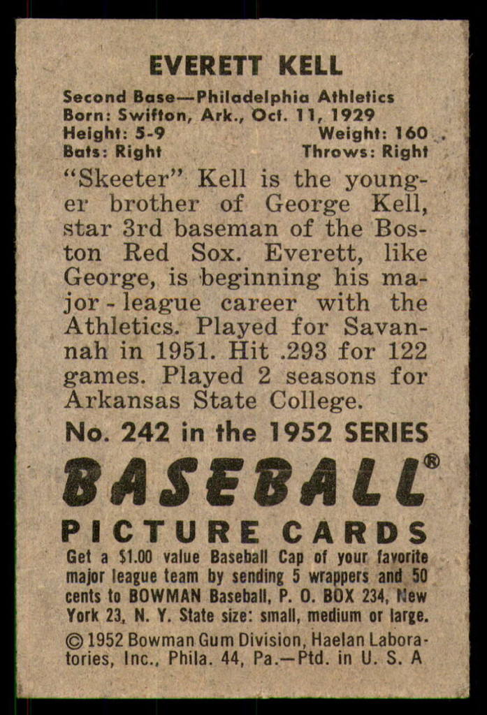 1952 Bowman #242 Everett Kell Excellent+ RC Rookie High Number 