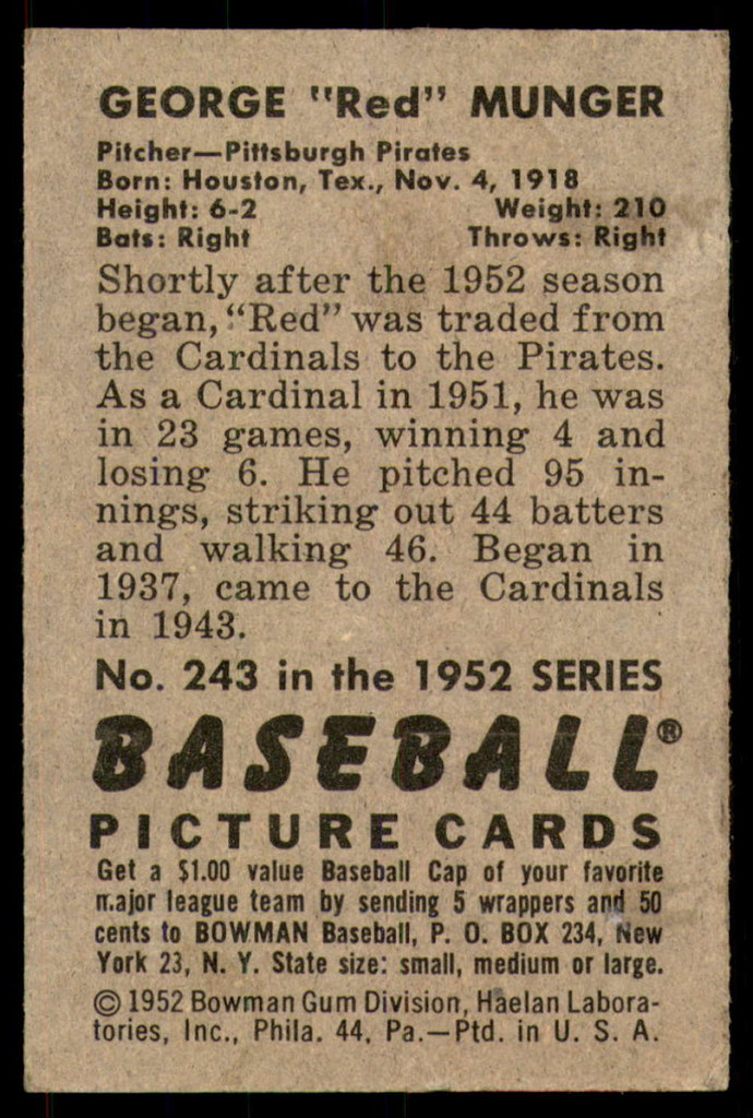 1952 Bowman #243 Red Munger Excellent+ High Number 