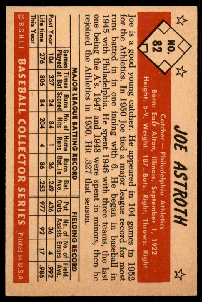 1953 Bowman Color #82 Joe Astroth Ex-Mint  ID: 253066
