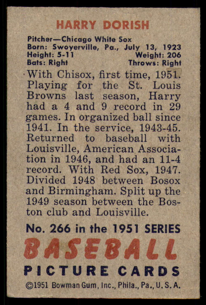 1951 Bowman #266 Harry Dorish Excellent+ RC Rookie 