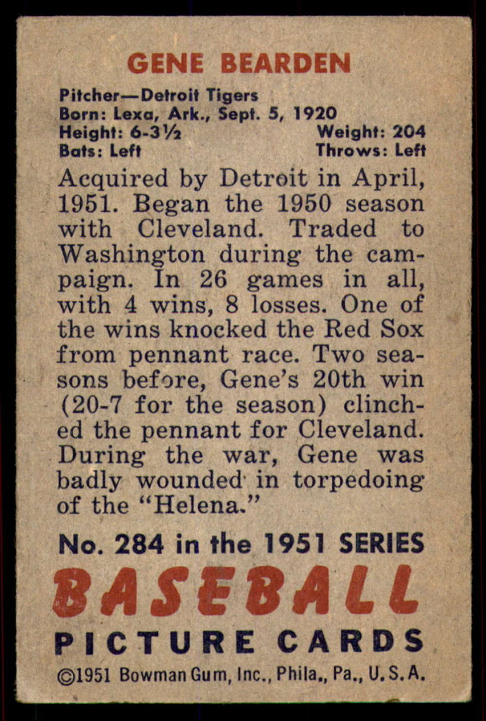 1951 Bowman #284 Gene Bearden Excellent High Number  ID: 227236
