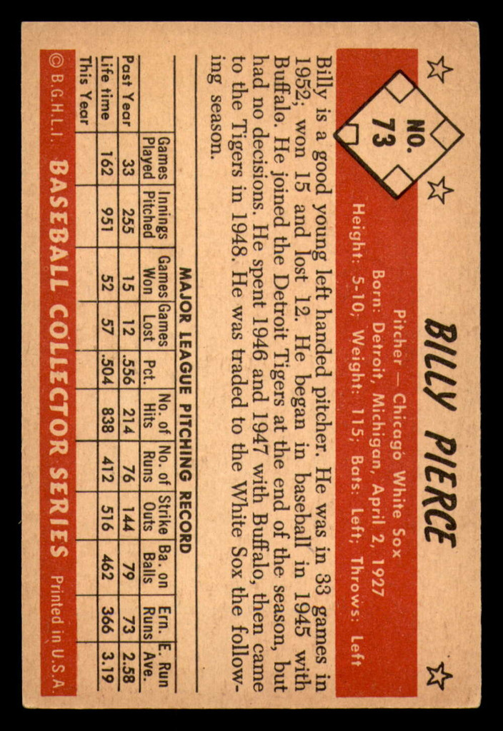 1953 Bowman Color #73 Billy Pierce Excellent+ 