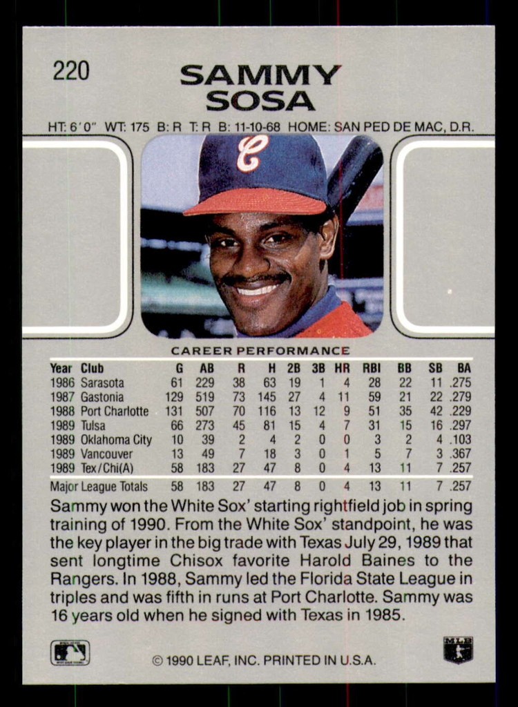 1990 Leaf #220 Sammy Sosa NM-Mint RC Rookie  ID: 271611