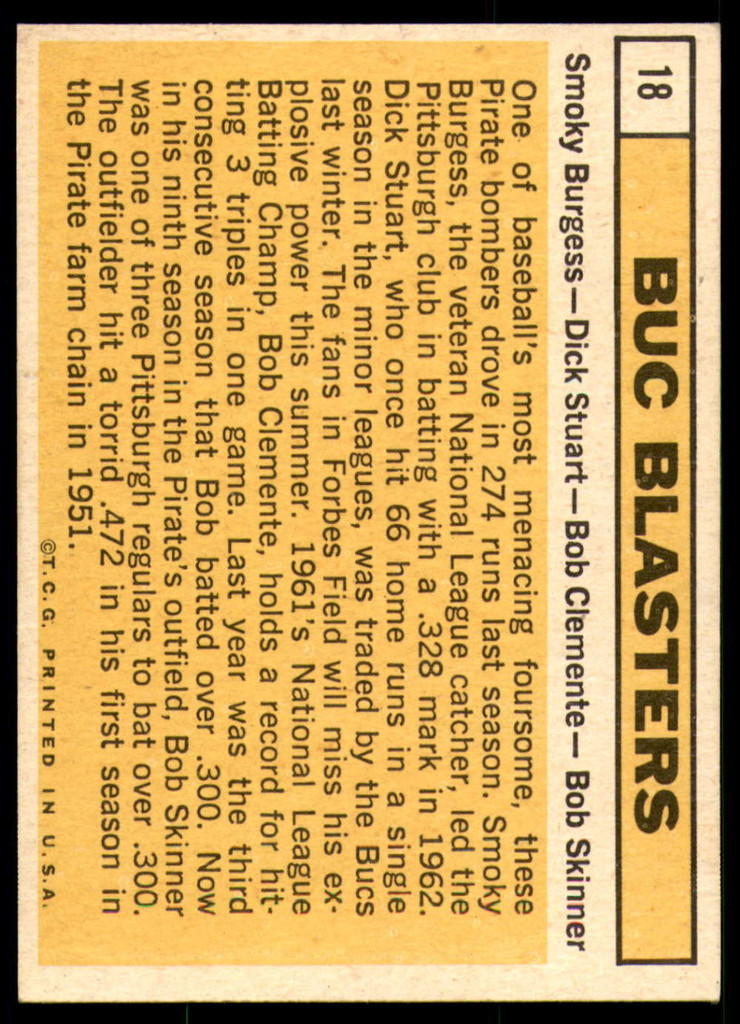 1963 Topps # 18 Smoky Burgess/Dick Stuart/Roberto Clemente/Bob Skinner Buc Blasters Very Good  ID: 251462