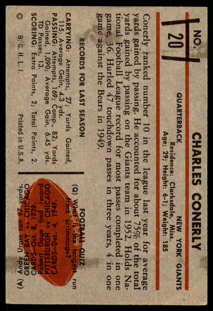 1953 Bowman #20 Charley Conerly Very Good 