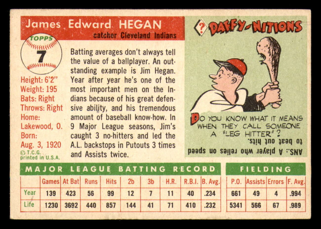 1955 Topps #7 Jim Hegan Excellent  ID: 297236