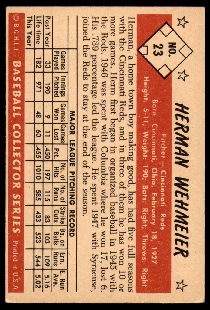 1953 Bowman Color #23 Herm Wehmeier Excellent+ 