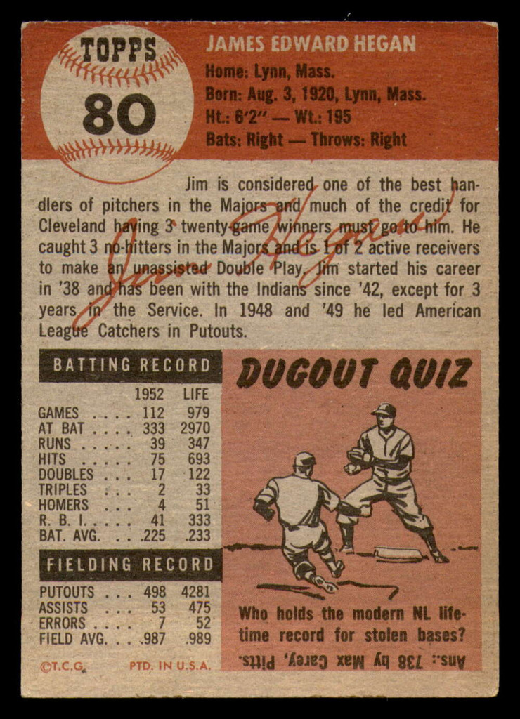 1953 Topps #80 Jim Hegan Excellent+  ID: 296793