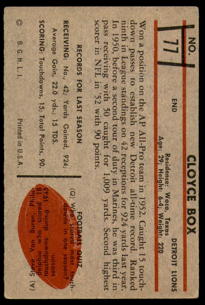 1953 Bowman #77 Cloyce Box Excellent SP 