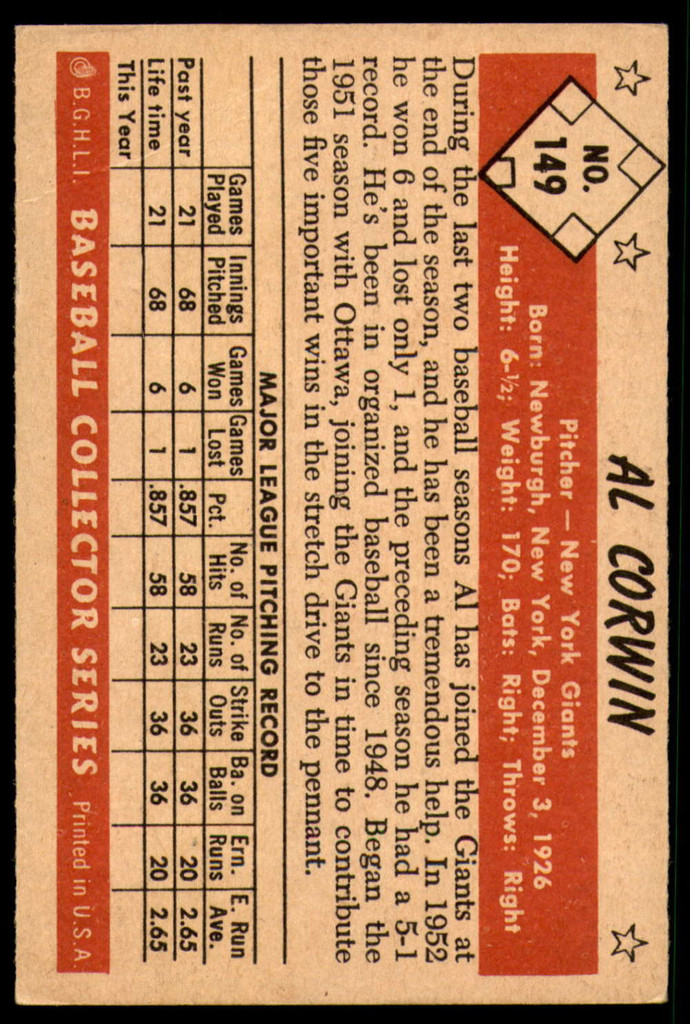 1953 Bowman Color #149 Al Corwin Very Good 