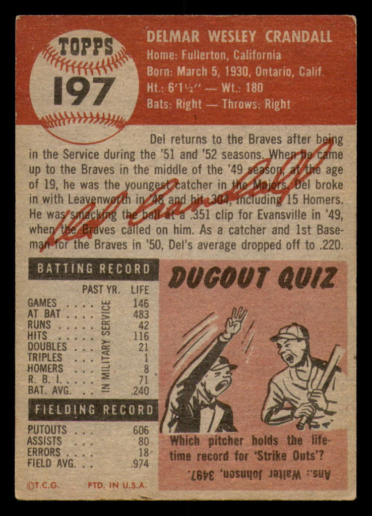 1953 Topps #197 Del Crandall Excellent 