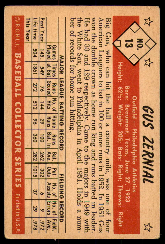 1953 Bowman Color #13 Gus Zernial Excellent 