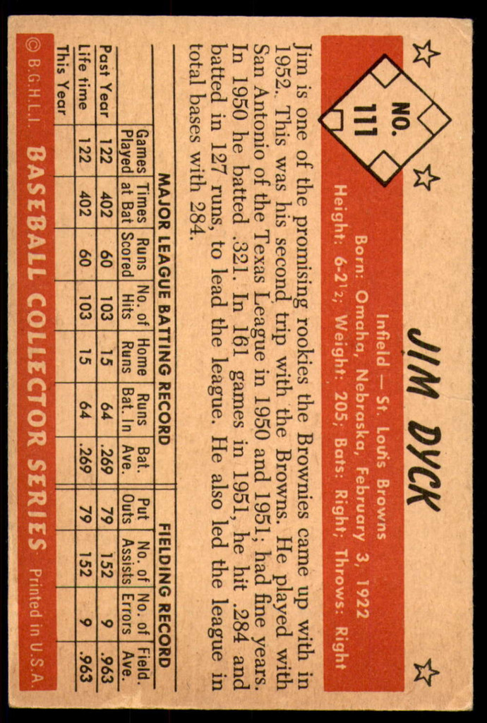 1953 Bowman Color #111 Jim Dyck Excellent RC Rookie 