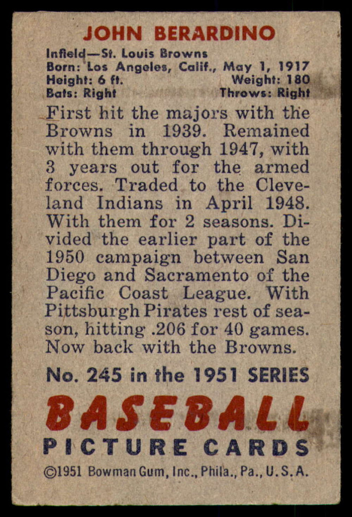 1951 Bowman #245 Johnny Berardino Very Good RC Rookie  ID: 227145