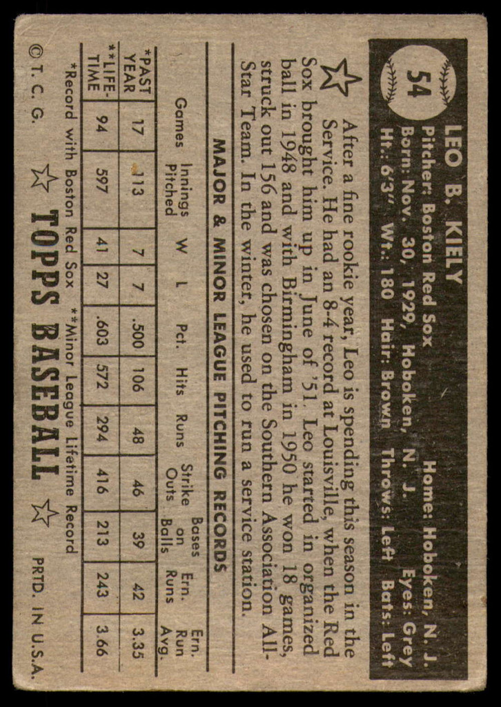 1952 Topps #54 Leo Kiely Very Good 