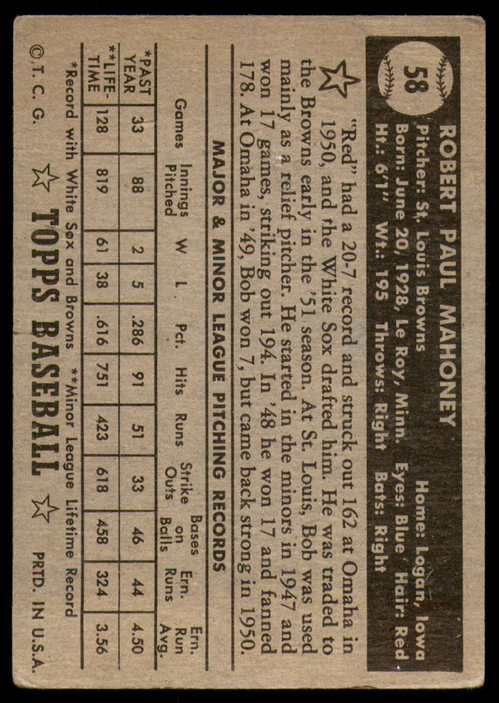 1952 Topps #58 Bob Mahoney Very Good RC Rookie 