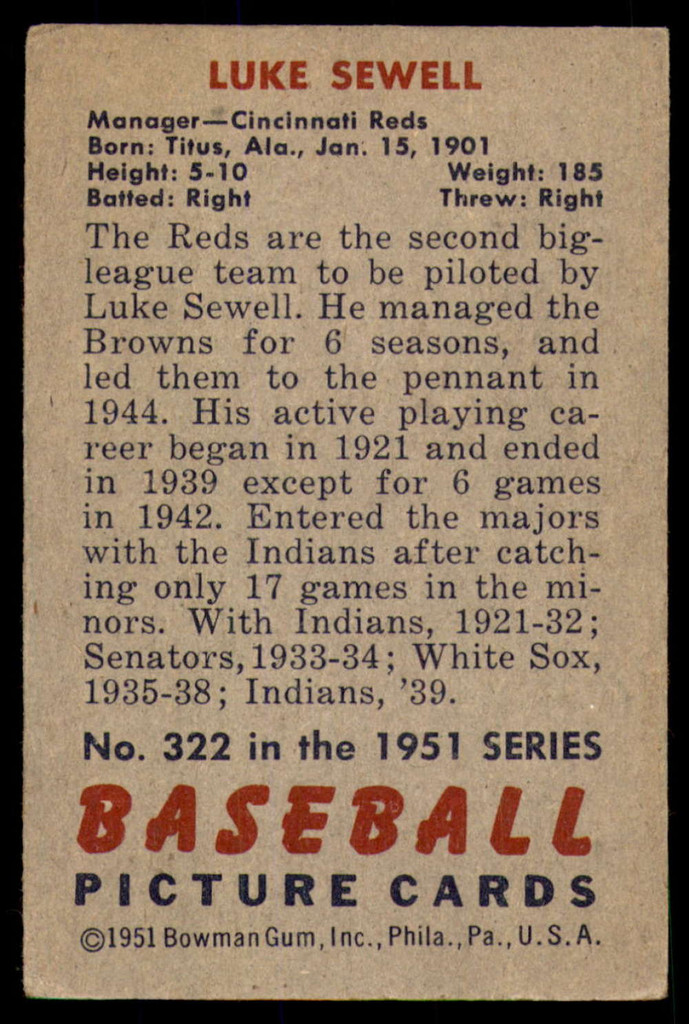 1951 Bowman #322 Luke Sewell MG Very Good High Number 