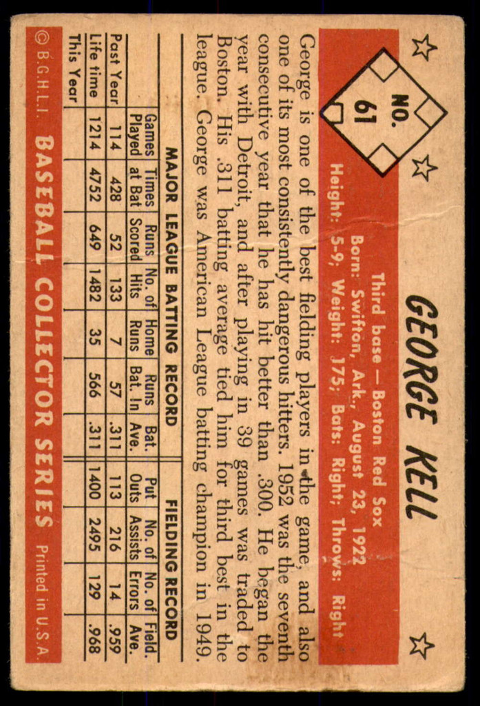 1953 Bowman Color #61 George Kell Good 