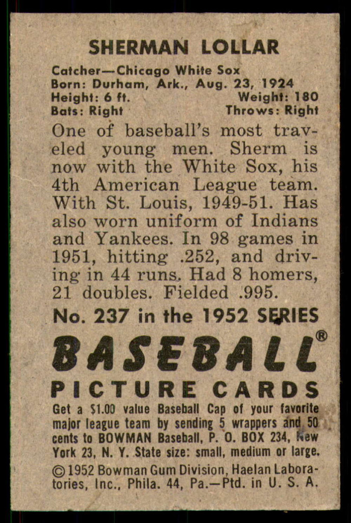 1952 Bowman #237 Sherm Lollar Very Good High Number 