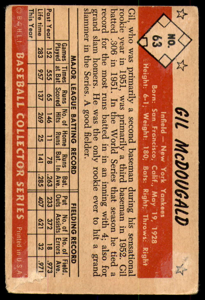 1953 Bowman Color #63 Gil McDougald Good 