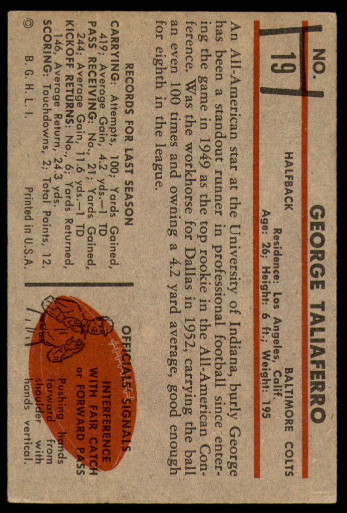 1953 Bowman #19 George Taliaferro VG-EX 