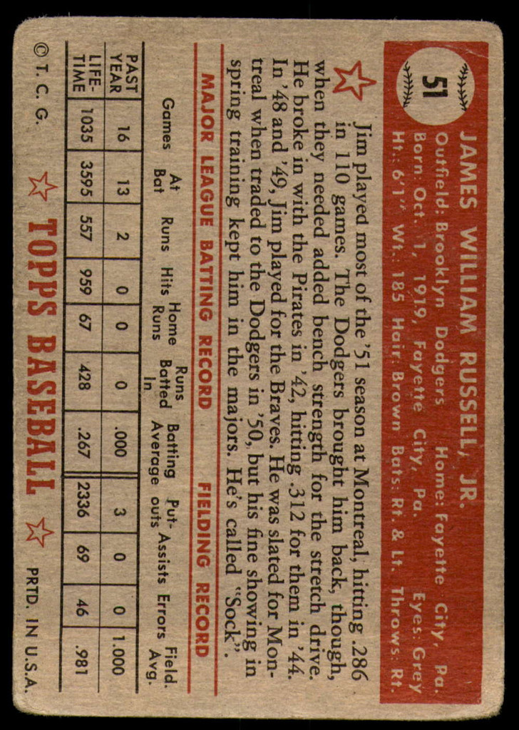 1952 Topps #51 Jim Russell G-VG Red Back 