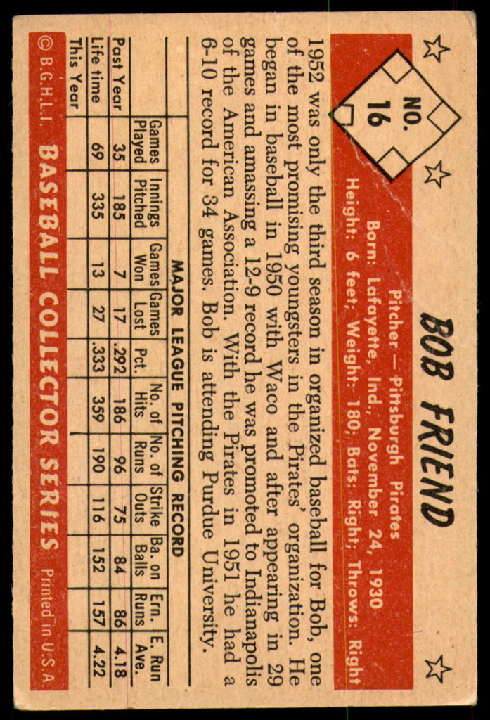 1953 Bowman Color #16 Bob Friend Very Good  ID: 222637