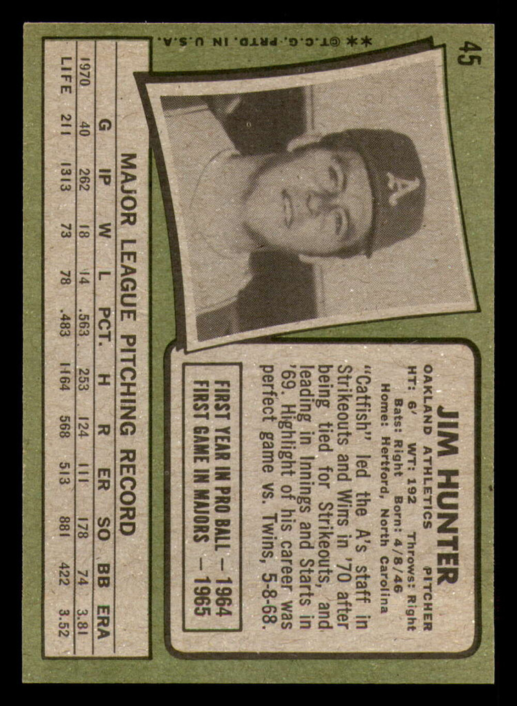 1971 Topps # 45 Jim Hunter Near Mint 