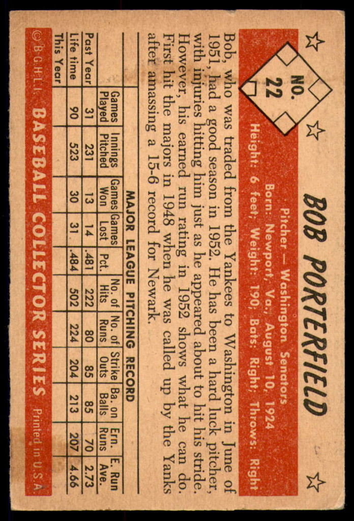 1953 Bowman Color #22 Bob Porterfield VG-EX 