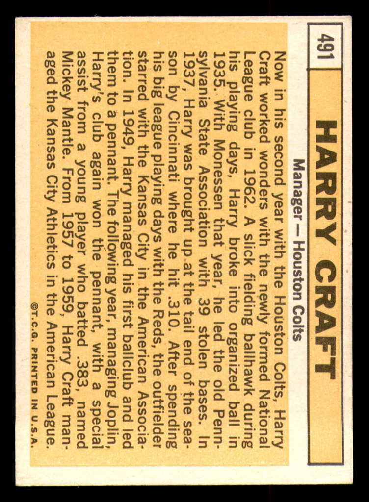 1963 Topps #491 Harry Craft MG Excellent+  ID: 300302