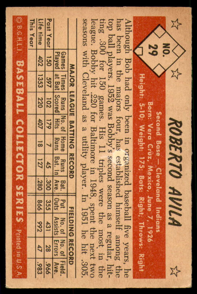 1953 Bowman Color #29 Bobby Avila Very Good  ID: 237328