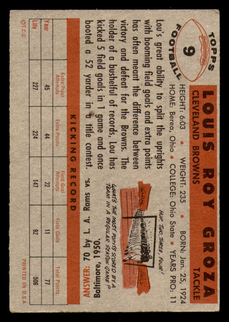 1956 Topps #9 Lou Groza Excellent 