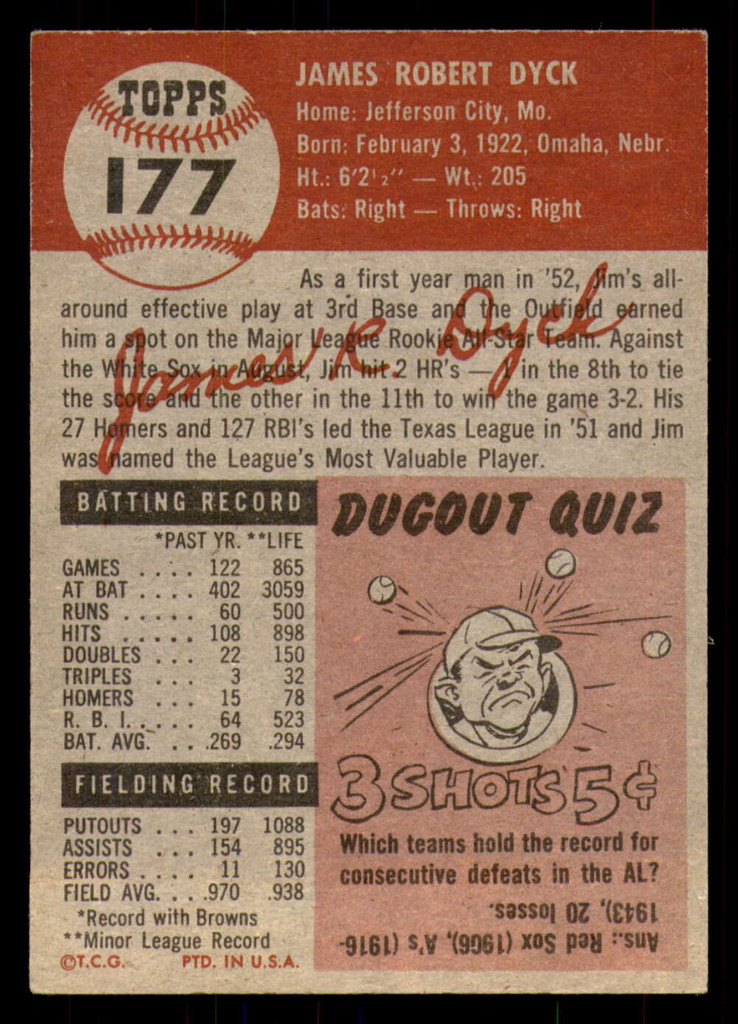 1953 Topps #177 Jim Dyck Excellent RC Rookie  ID: 296039