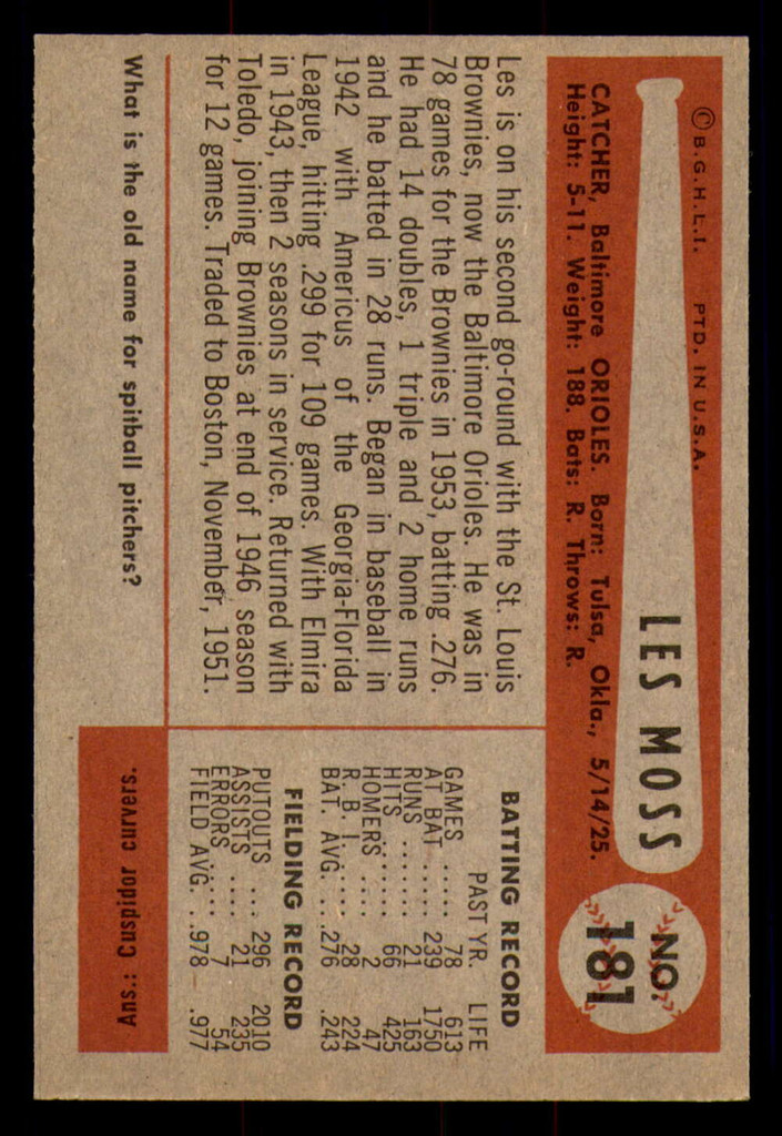 1954 Bowman #181 Les Moss Near Mint+  ID: 299367