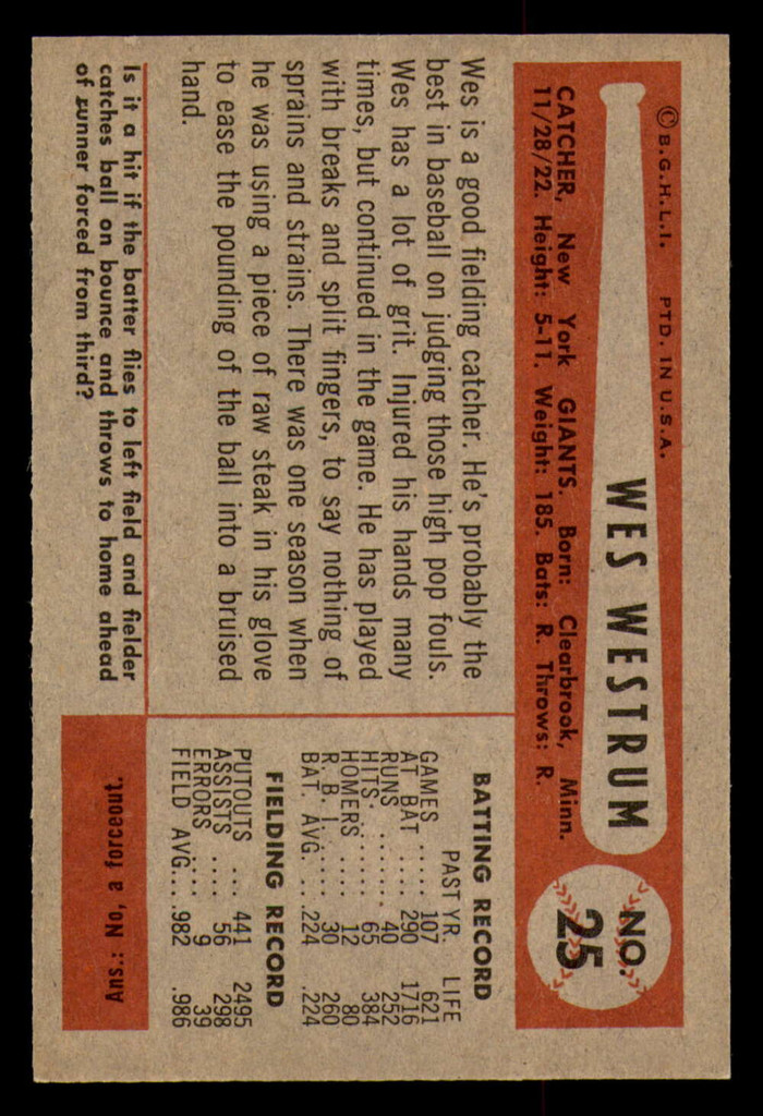 1954 Bowman #25 Wes Westrum Ex-Mint 