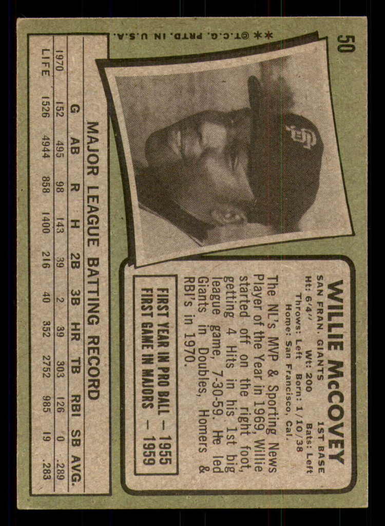 1971 Topps # 50 Willie McCovey Excellent+  ID: 277207
