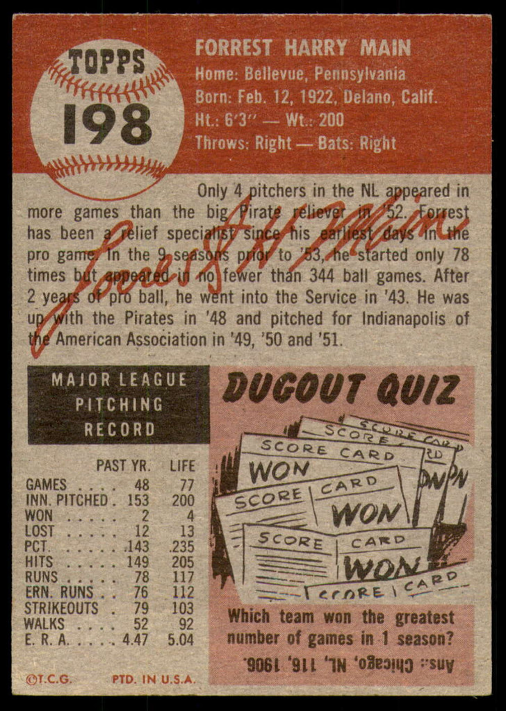 1953 Topps #198 Forrest Main Excellent+ 