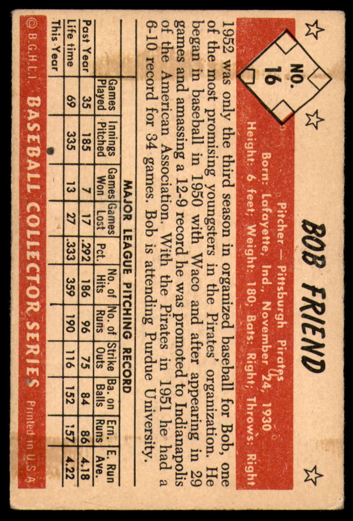 1953 Bowman Color #16 Bob Friend Very Good  ID: 255055