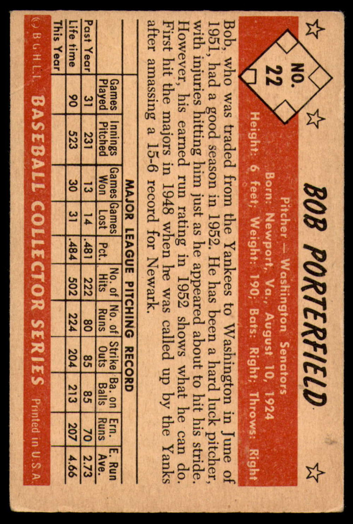 1953 Bowman Color #22 Bob Porterfield Very Good 