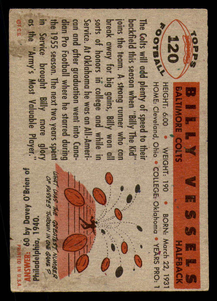 1956 Topps #120 Billy Vessels Very Good RC Rookie 