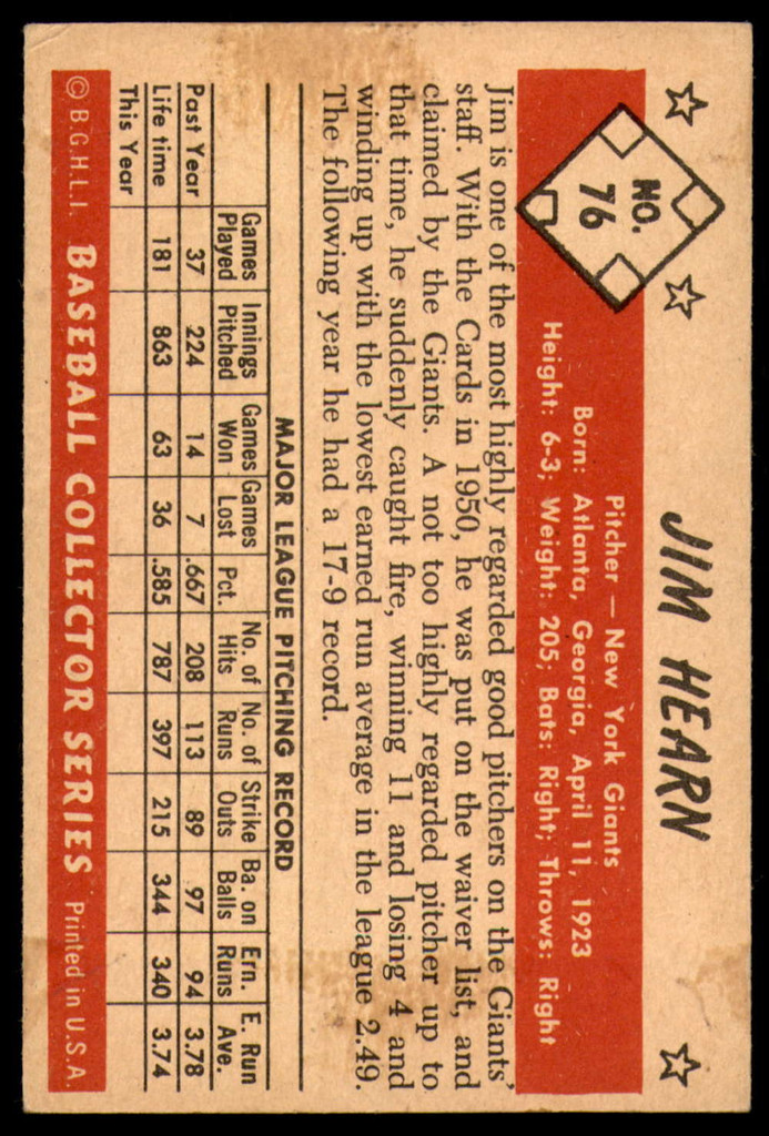 1953 Bowman Color #76 Jim Hearn Very Good  ID: 255097