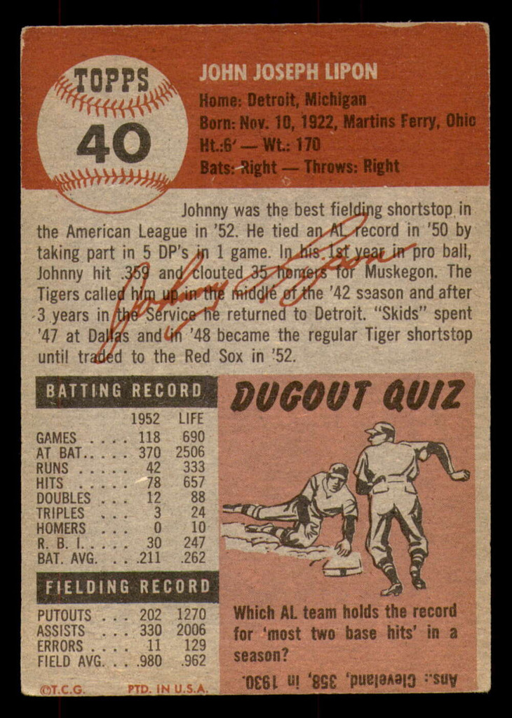 1953 Topps #40 Johnny Lipon Very Good  ID: 300932