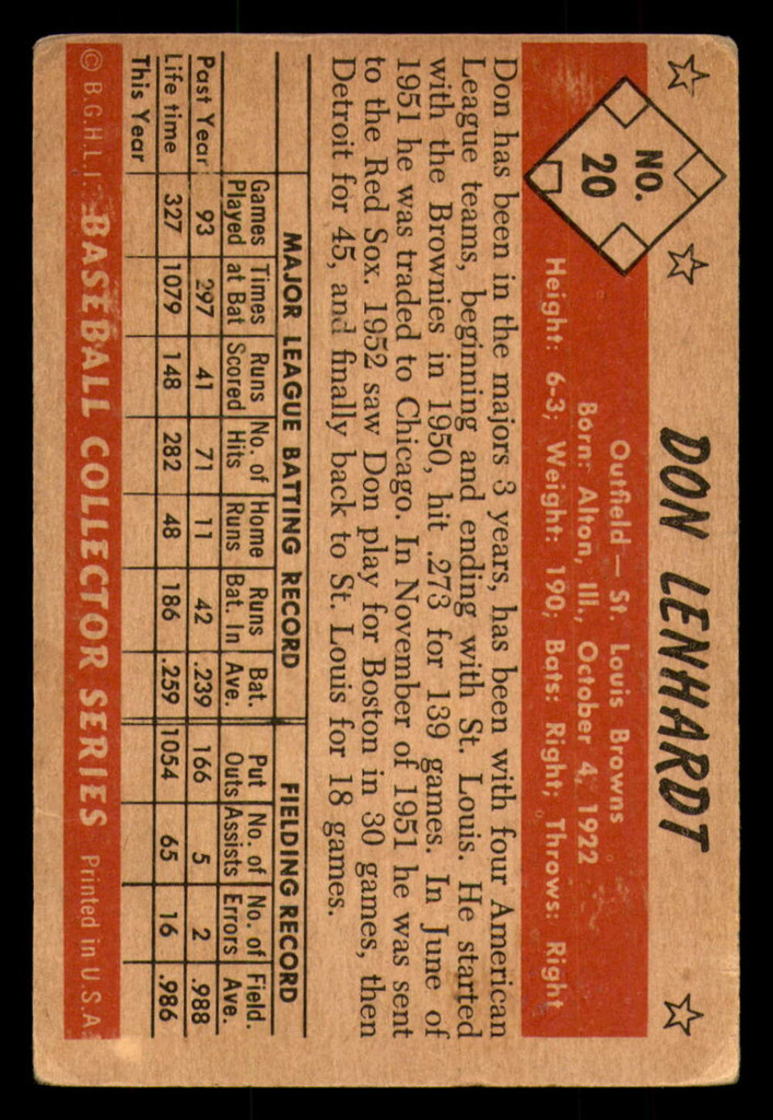 1953 Bowman Color #20 Don Lenhardt Very Good  ID: 301015