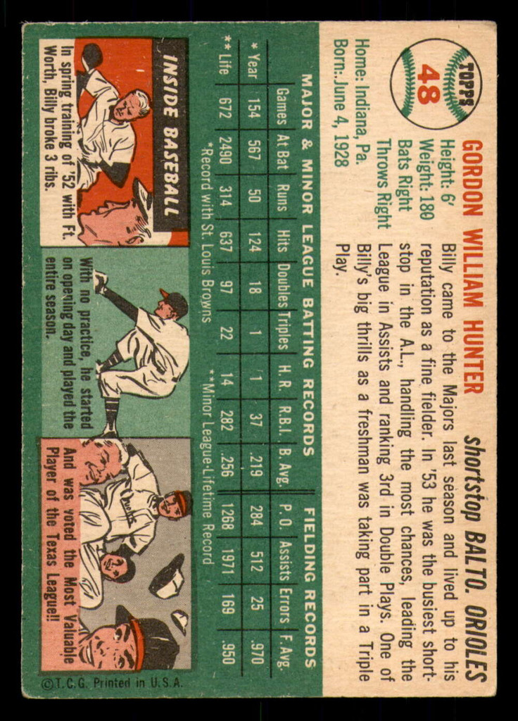 1954 Topps #48 Billy Hunter Excellent 