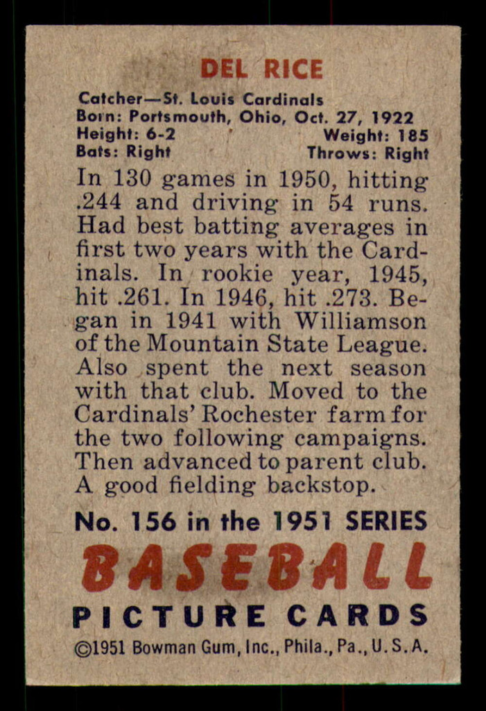 1951 Bowman #156 Del Rice Excellent+ 