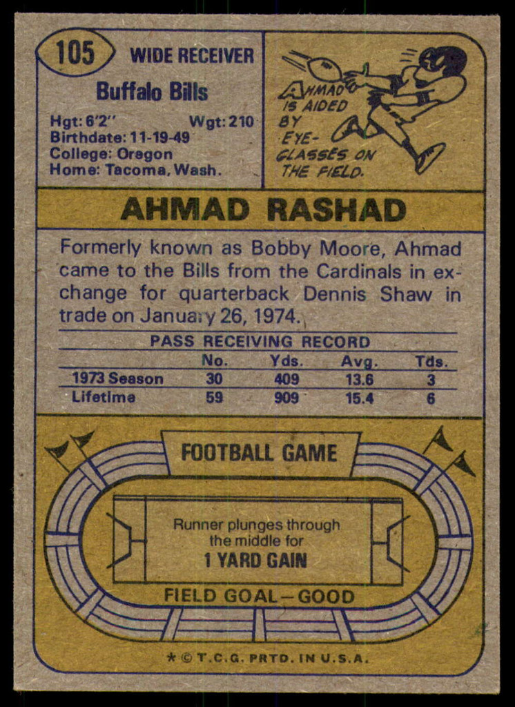 1974 Topps #105 Ahmad Rashad Excellent+ RC Rookie  ID: 261819