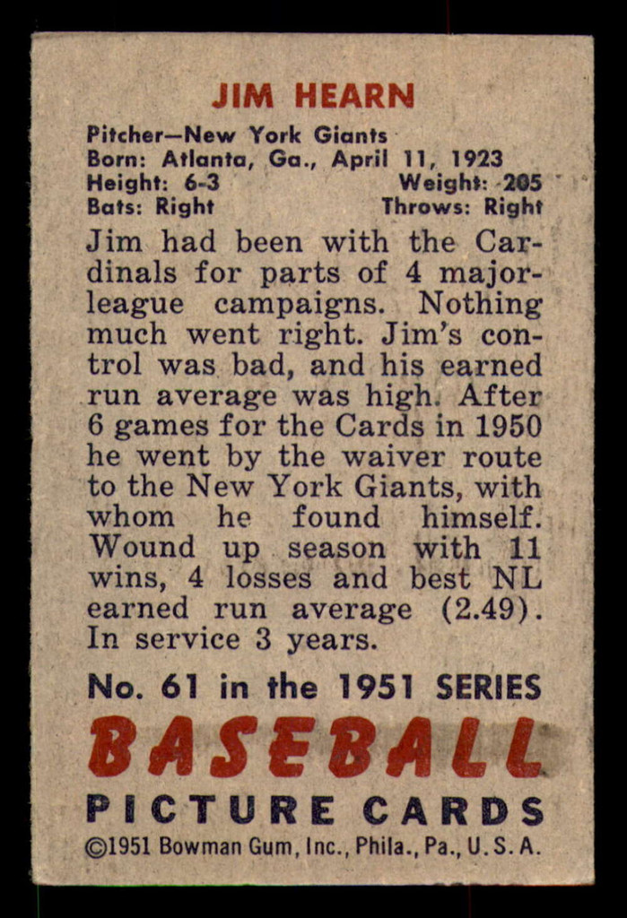 1951 Bowman #61 Jim Hearn Excellent  ID: 298179
