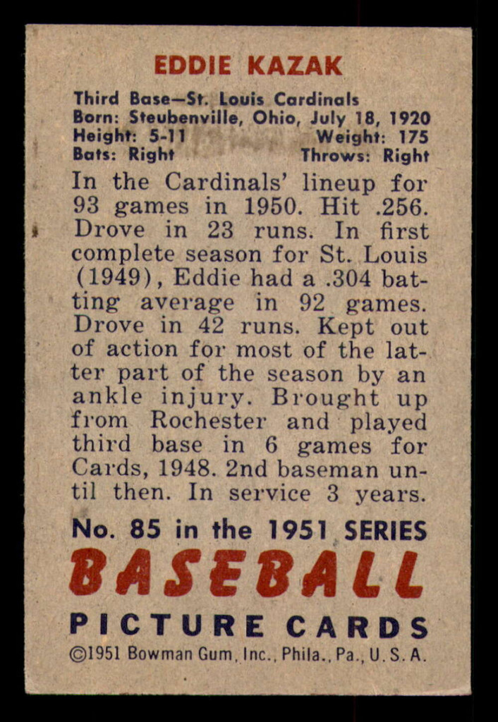 1951 Bowman #85 Eddie Kazak Excellent+  ID: 298199