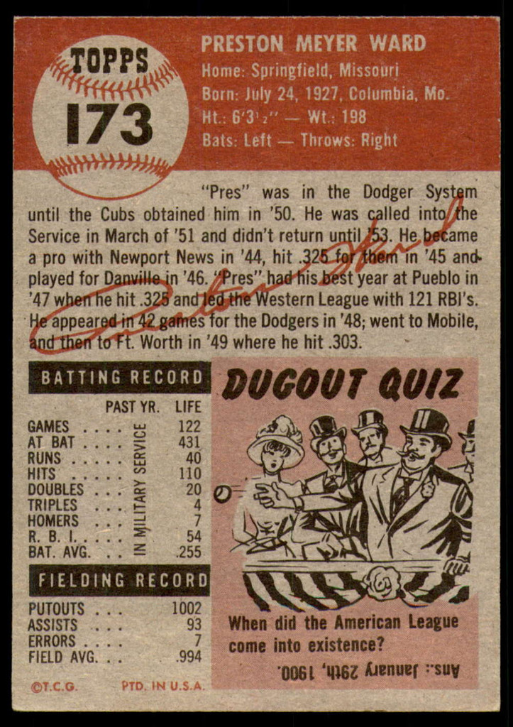 1953 Topps #173 Preston Ward Excellent  ID: 255198